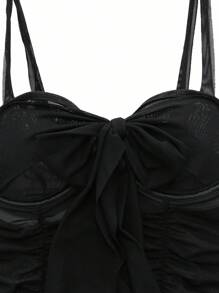 SHEIN 4pcs Set: Romantic Mesh Ruched Sexy Slim Nightgown + G-String + 1 Pair Of Stockings For Going Out, Baddie Look - Black - View 8