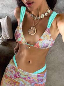 Swim Glamine 女式波西米亚三角杯图案蓝色比基尼泳装罩衫裙套装，优雅休闲春夏季假日海滩派对节日性感影响者 - 彩色 - 查看 1