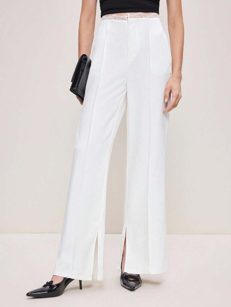 BizChic 2025 Herbst/Winter Neue Weiße Spitze Taillenbund Patchwork Seitentaschen Schlitzausschnitt Weite Hose, vielseitig & elegant für Arbeitsplatz, Geschäft, Lässig, Büro, Date, Party, Reise, Romantik, Musikfestival, Vintage, Koreanischer Stil, Flughafen, Hochzeitsgast, Geburtstag, Halloween, Weihnachten