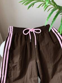 Comfortcana 女式棕色侧条纹松紧腰休闲宽松运动裤 - 棕色 - 查看 3