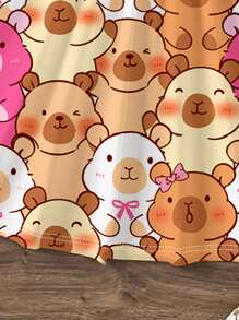 SHEIN 可爱的水豚卡通动物印花连衣裙，柔和的色调，适合夏季的年轻女孩休闲无袖中长连衣裙，摩卡和谐，时尚漫步，毕业季准备就绪，假日季节，步入魅力，时尚漫步 - 彩色 - 查看 5