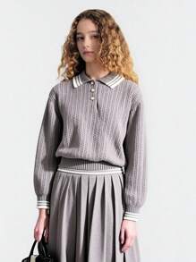 2 件套女童返校针织毛衣和百褶裙套装，有领长袖秋冬装 - 灰色 - 查看 1