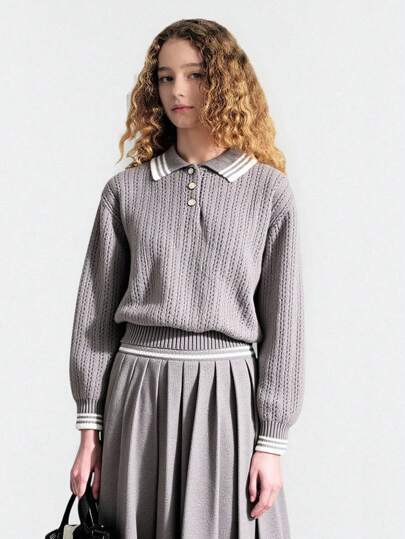 2 件套女童返校针织毛衣和百褶裙套装，有领长袖秋冬装