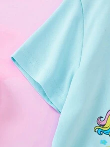 My Little Pony X SHEIN 年轻女孩休闲可爱卡通彩虹字母图案短袖T恤，夏季 - 藍色 - 查看 6