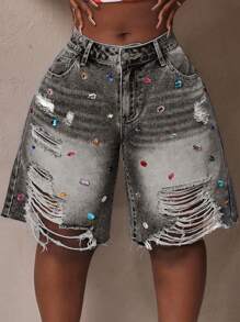 Slaydiva Plus Size Women Distressed Denim Shorts With Pockets And Rhinestone Decor - Dark Grey - View 4