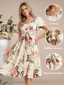 Amorya 浪漫碎花夏季休闲优雅粉色连衣裙，女士外出、度假、下午茶、上学穿搭、夏季连衣裙、婚礼宾客礼服、度假装、粉色连衣裙、生日装、女士连衣裙