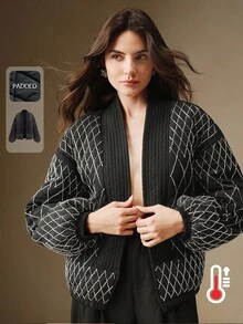 Anewsta Abrigo corto acolchado negro elegante para mujer con un exquisito ribete bordado con cuentas, adecuado para otoño, invierno, salir, formal, fiesta, elegante, Año Nuevo, Navidad, trabajo, graduación