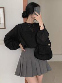 DAZY Áo sơ mi trơn màu đen rộng rãi, thường ngày dành cho nữ, Thu/Đông - màu đen - Xem 5