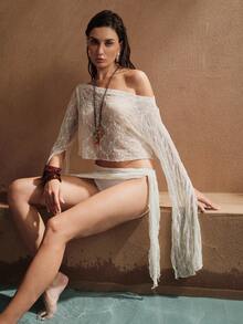 Swim Chiccia Women's Oblique Shoulder Slit Sleeve Sheer Cropped Cover-Up Top Paired With Lace Cover-Up And Mini Skirt Set - Brown - View 6