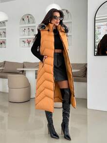 EURMUSE Women Long Fake Fur Hooded Padded Vest, Winter Coats - Mustard Yellow - View 3