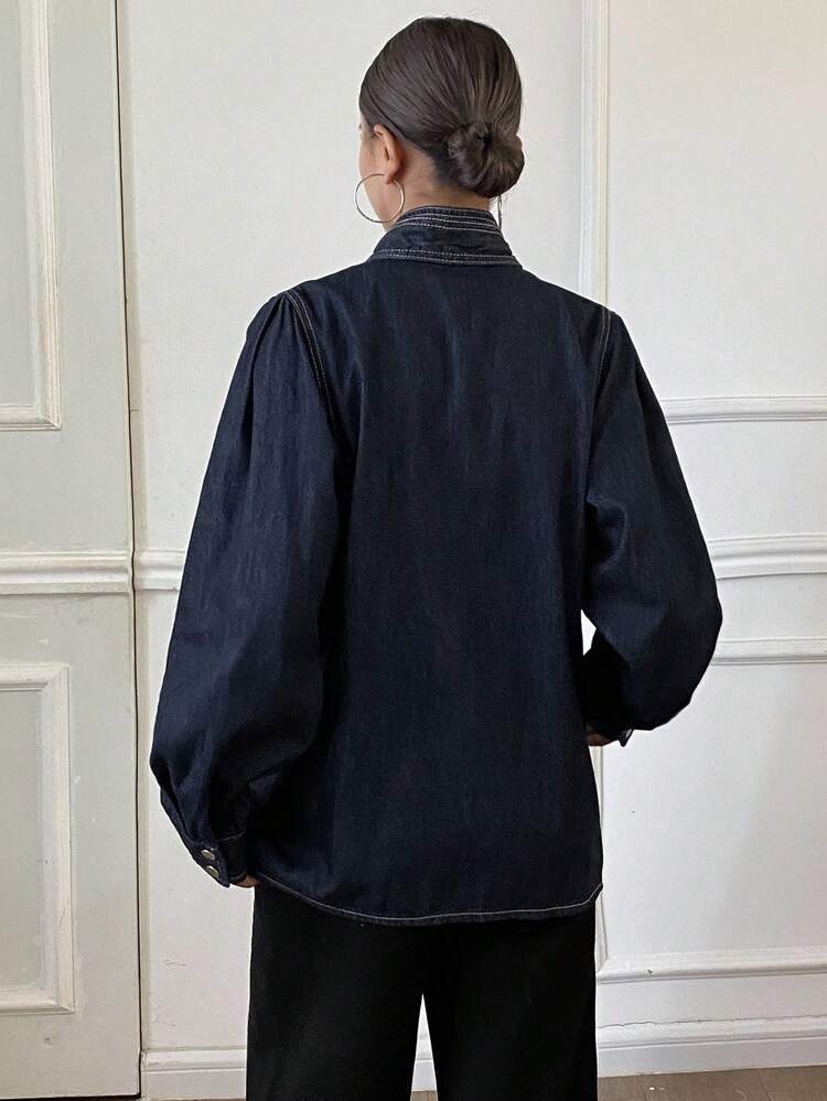 Women's Long Sleeve Tie Collar Loose Casual Denim Blouse,Jeans Jacket,Fall Women Clothes