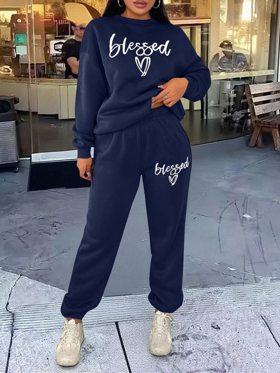 INAWLY 2pcs Plus Size Letter Printed Crew Neck Long Sleeve Top And Pants Set - Navy Blue - View 1