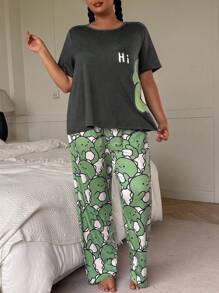 SHEIN Cute Dinosaur Print Short Sleeve & Long Pants Plus Size Pajama Set Green Pj Set Dinosaur Pajamas