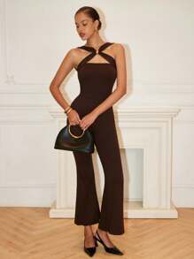 Islaluna 低胸交叉金属扣装饰性感紧身连衣裤 - 咖啡棕 - 查看 3