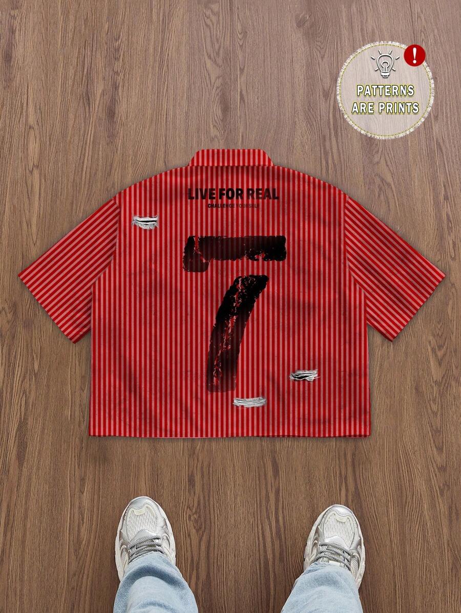 Manfinity Roghcode Men's Letter Striped Short Sleeve Single-Breasted Casual Cropped Shirt