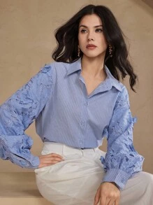 DAZY Women's Casual Lace Patchwork Striped Shirt, Spring/Summer Long Sleeve Top - Blue - View 6