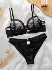 SHEIN 2件套女士蕾丝拼接钢圈文胸套装 - 黑色 - 查看 6