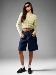 MISSGUIDED 女式纽扣开衫毛衣黄灰色条纹图案长袖罗纹针织短款修身冬春时尚必备分层上衣 - 彩色 - 查看 4