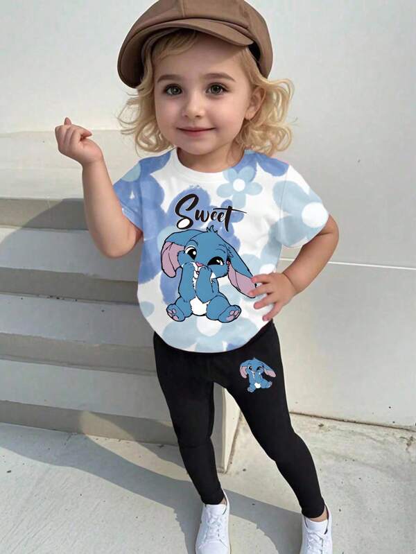 Toddler Girls' Casual Fashion Creative Blue Rabbit Floral Letter Graphic Print Short Sleeve T-Shirt And Leggings Set
