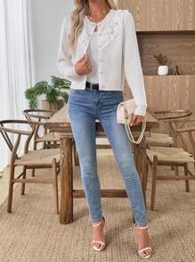 EMERY ROSE New Autumn/Winter Slim Fit Vintage Rejuvenating Gentle Elegant Versatile Lace Crochet Cardigan For Women Fall Back To School - White - View 3