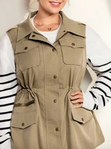 Momelise Plus Size Women's Solid Color Turndown Collar Single-Breasted Zipper, Practical Pocket Drawstring Waist Sleeveless Casual Jacket Winter Fall Autumn - Khaki - View 7
