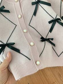 SHEIN Young Girl Geometric Pattern Bow Front Cardigan,In Fall/Winter
