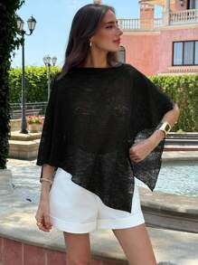 Aloruh Áo choàng cổ yếm dệt kim Jacquard khoét lỗ thời trang mới màu mơ đa năng, phong cách nghỉ dưỡng, nhẹ, mặc nhiều lần, áo thu - màu đen - Xem 9