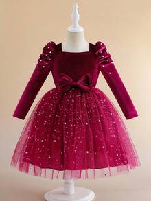 Young Girls Fashion Elegant Burgundy Star Sequin Mesh Tulle Dress, Jewel Neck, Long Sleeve, Bowknot Princess Party Dress, Spring/Autumn Burgundy Velvet Dress For Girls Girls Party Dress Long Sleeve Girls Dress Fall Winter  Princess  Halloween/Christmas Party Dresses For  Vacation  Autumn And Winter
