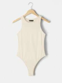 SHEIN BASICS Bộ 3 áo liền quần dệt kim màu trơn không tay cổ tròn thoải mái cho nữ - màu nâu - Xem 3