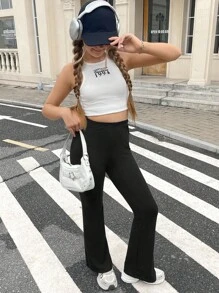 SHEIN Teen Girls Solid Flare Leg Trousers - Black - View 3