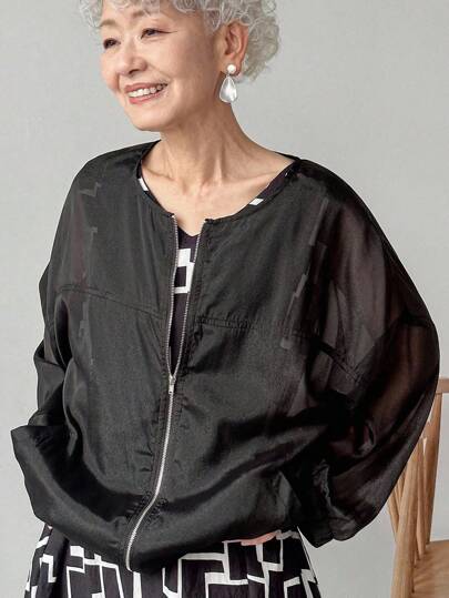 FRIFUL Áo kiểu nữ màu đen dệt kim, cổ tròn, có khóa kéo, chất liệu vải mỏng, áo voan đen, áo kiểu nữ rộng rãi, áo khoác dài tay màu đen mỏng.