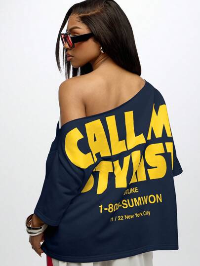 SUMWON WOMEN Oversized Off Shoulder Casual Graphic Slouchy Tee Fall Street Style New York Hotline Print Retro Fashion Short Sleeve T-Shirt
