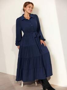 Momelise Váy xòe cổ bẻ cao cấp thanh lịch mới cho mùa xuân và mùa thu, cỡ lớn dành cho nữ - Màu xanh hải quân - Xem 6