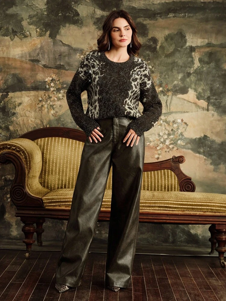 Women's Rhinestone Leopard Print Glitter Crew Neck Long Sleeve Knit Sweater