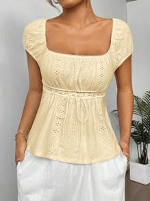 Comfortcana 女士短款泡泡袖休闲纹理褶皱细节 T 恤 - 黃色 - 查看 5