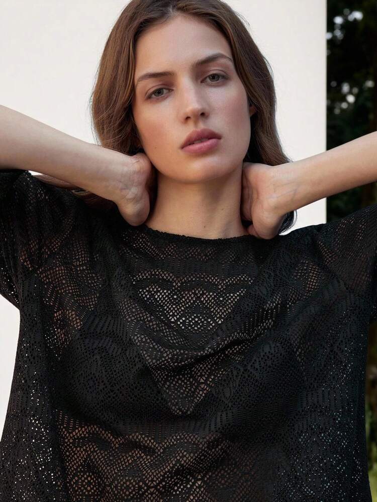 SHEIN Maija Women's Sexy Solid Color Hollow Out Sheer T-Shirt,Boho Women Clothing