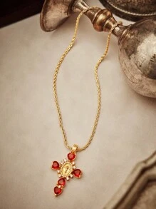 Glisma 18K镀金单件装纹理金属水钻立方氧化锆十字架心形吊坠，适合派对、休闲、音乐会/节日、夜店、婚礼、假日、度假、露营等场合，性感/优雅，夏季/海滩/舞会/多层/宝石/串珠/水晶，魅力十足/厚重/高级 - 紅色 - 查看 5