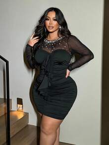 NU&NOW Plus Size Women's Sexy Party Dress, Elegant Pearl Decor, Round Neck Waist Cinched, Bodycon Long Sleeve Mesh Patchwork Mini Dress, Spring/Autumn - Black - View 4