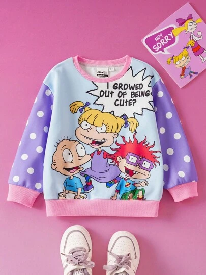 Nick 90s | SHEIN 少女卡通人物图案拼色可爱紫白圆点印花蓝色宽松卫衣，秋冬