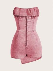 SHEIN EZwear Bộ đồ liền thân denim viền bất đối xứng cỡ lớn dành cho nữ - Hồng - Xem 2