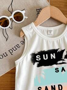 SHEIN 小男孩休闲度假风格棕榈树印花背心，适合夏季外出和度假