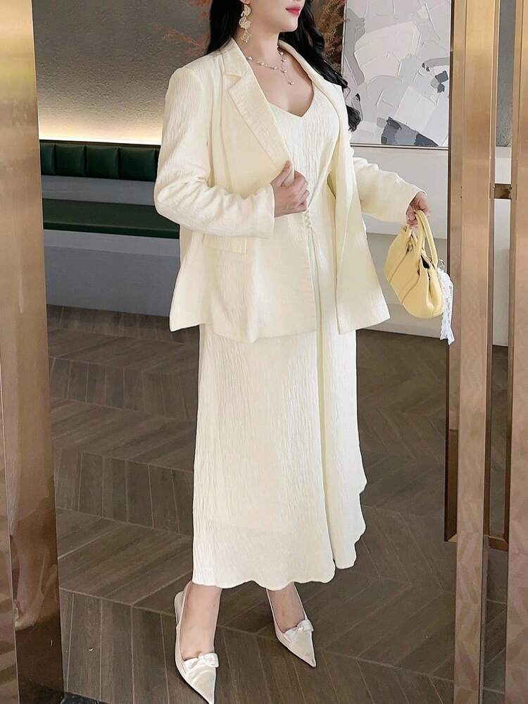 Dazy Plus Textured Fabric Wrap Dress & Blazer Two Pieces Set, White, Business Casual Plus Size Women