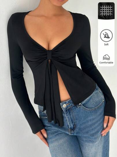 FavEase Damen V-Ausschnitt Raffungen Bindedetail Langarm Lässig Soft T-Shirt