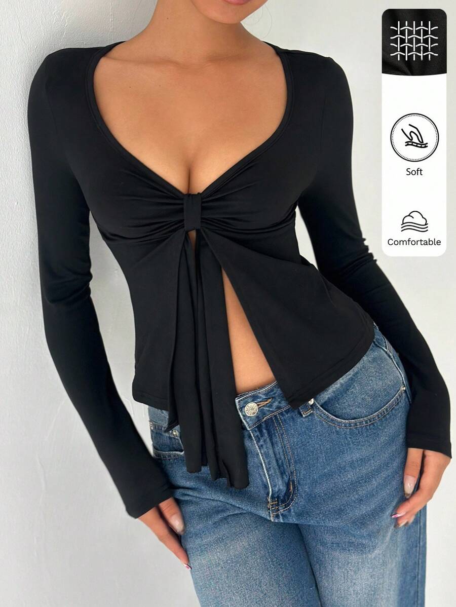 FavEase Women's V-Neck Ruched Tie Front Long Sleeve Casual Soft T-Shirt Fall Cloth For Women