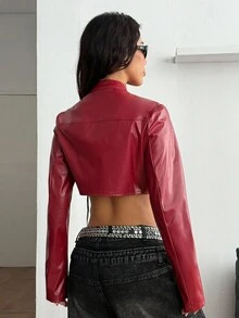 Coolane 女士秋冬街头风嬉皮运动休闲 Y2K 基本款皮革舒适拉链酒红色修身短款长袖夹克，