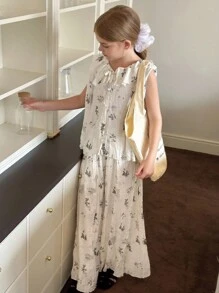 Hapijoa 2 件女童花卉荷叶边无袖上衣和裤子套装，夏季 - 白色 - 查看 7