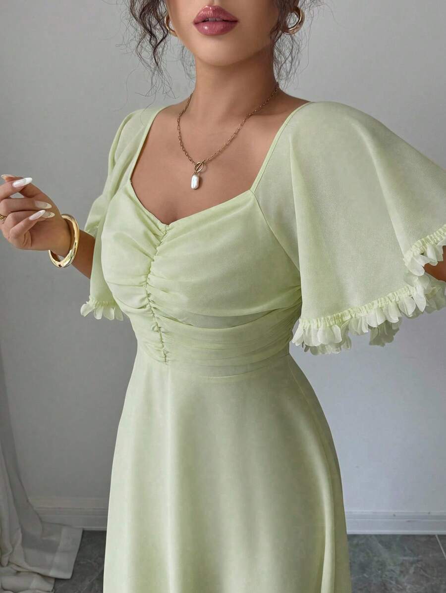 Modelyn Women's Solid Butter Yellow Chiffon Ruffle Sleeve Design Summer French Style Vacation Dress - Green - View 1