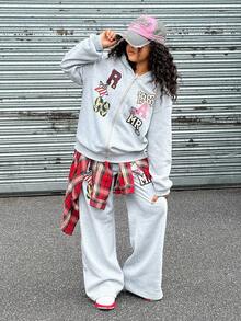 SHEIN Explorewe 青少年女孩宽松图案印花拉链连帽衫和阔腿运动裤街头风格运动服套装，适合春秋冬季穿着 - 淺灰色 - 查看 2