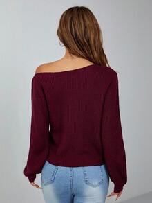 EURMUSE Pullover med sneda axlar och pit randig damtröja - Bourgogne - Visa 2