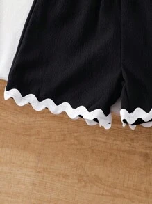 Elladie kids 两件套女童纹理面料撞色下摆无袖上衣和休闲短裤T恤套装，两件套女童夏季黑色两件套，女童两件套夏季套装，儿童两件套夏季套装，两件套夏季服装，女童秋冬装 - 黑色 - 查看 4